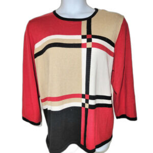 Alfred Dunner Woman 2X Plaid Colorblock Rhinestone Knit Top Bold Dressy Casual